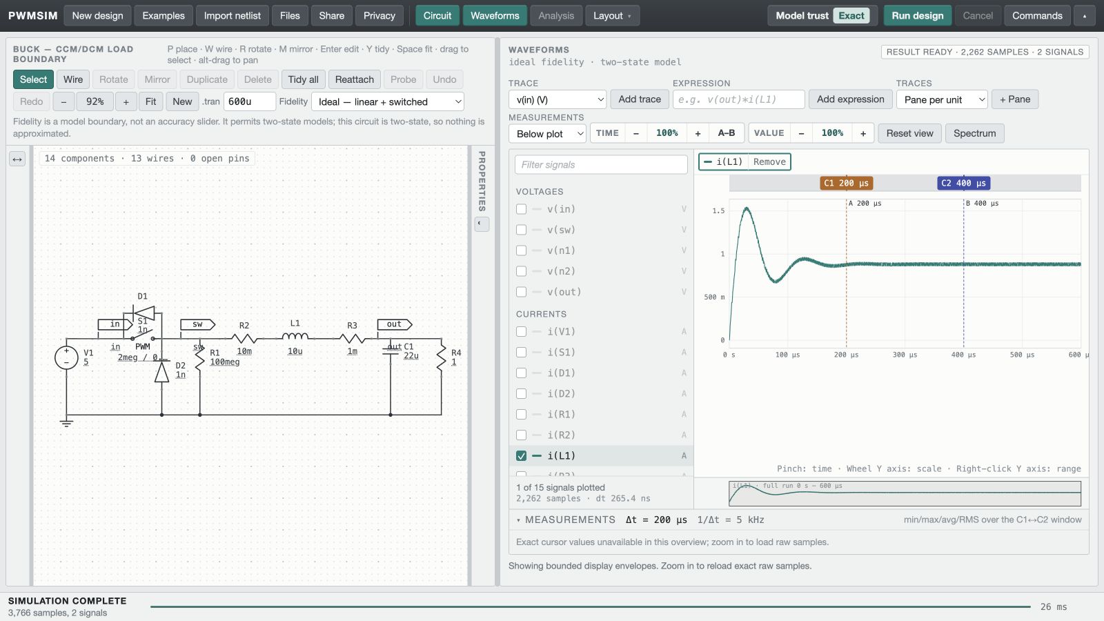 Buck — CCM/DCM load boundary circuit and simulated waveform in PWMSim