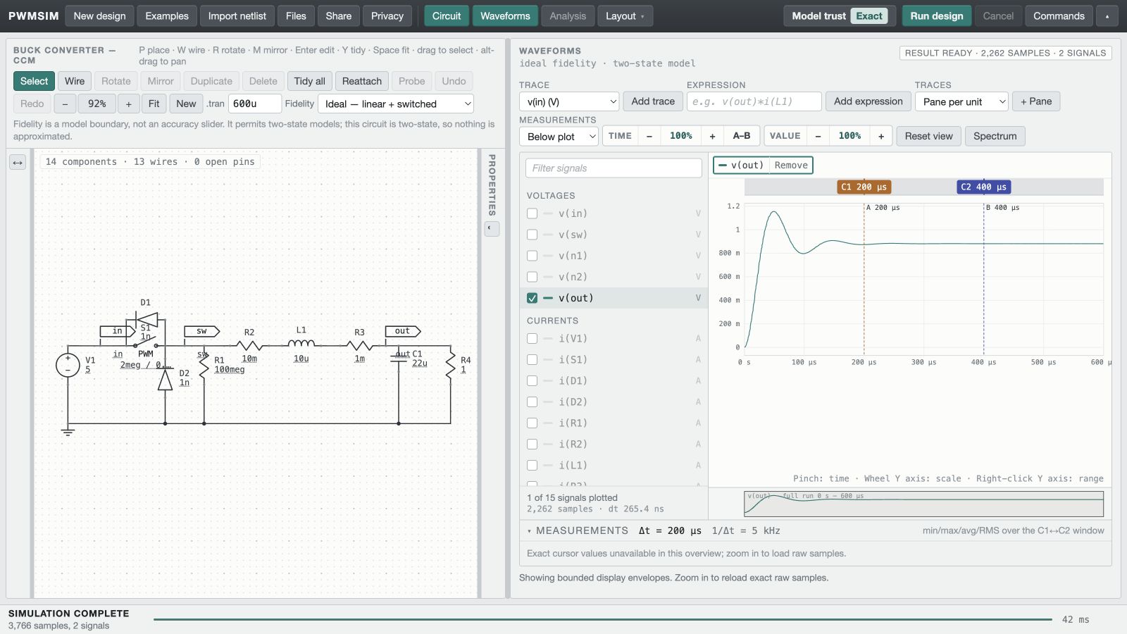 Buck converter — CCM circuit and simulated waveform in PWMSim
