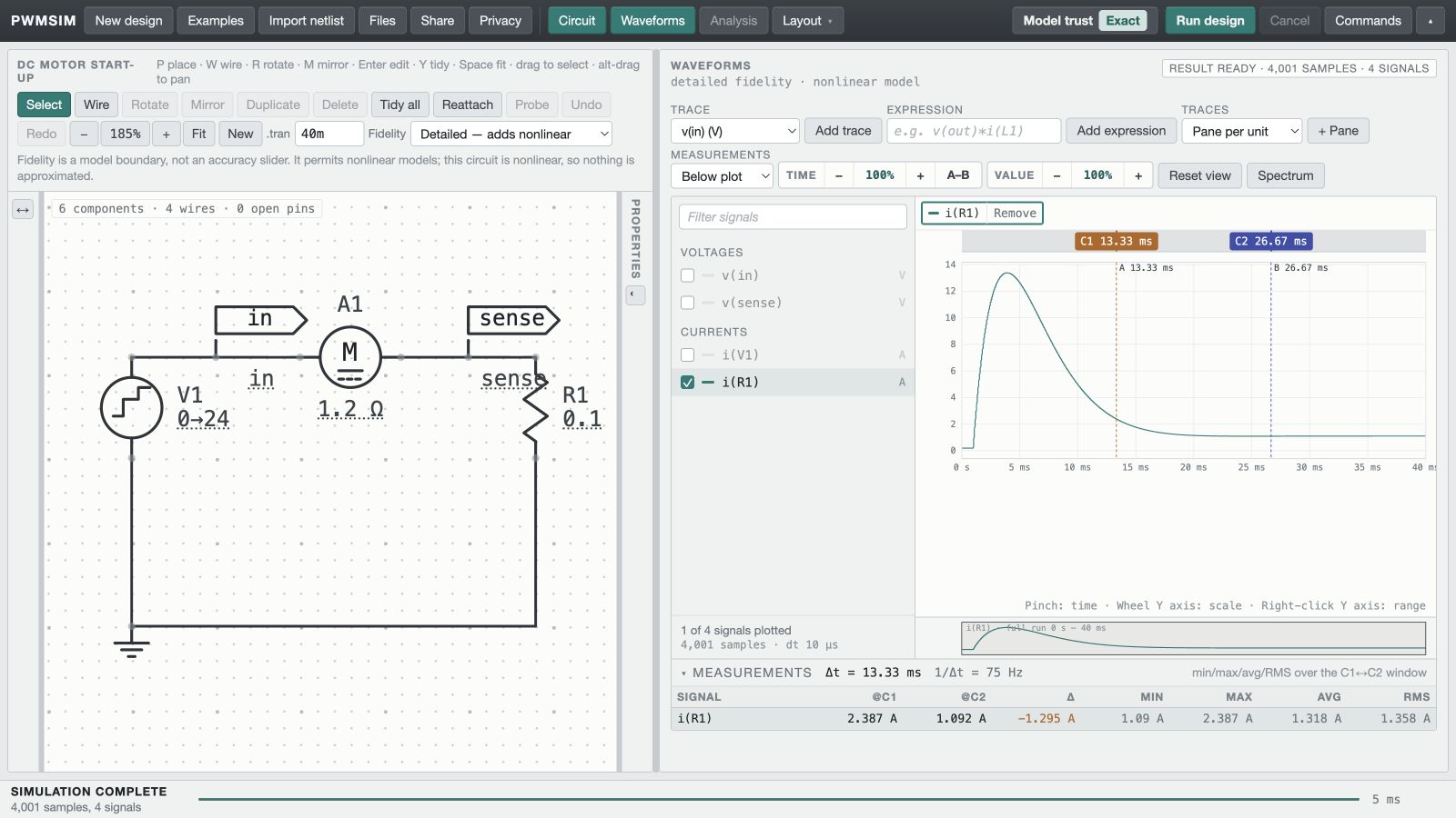 DC motor start-up circuit and simulated waveform in PWMSim