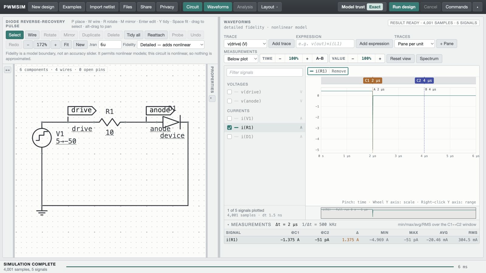 Diode reverse-recovery pulse circuit and simulated waveform in PWMSim