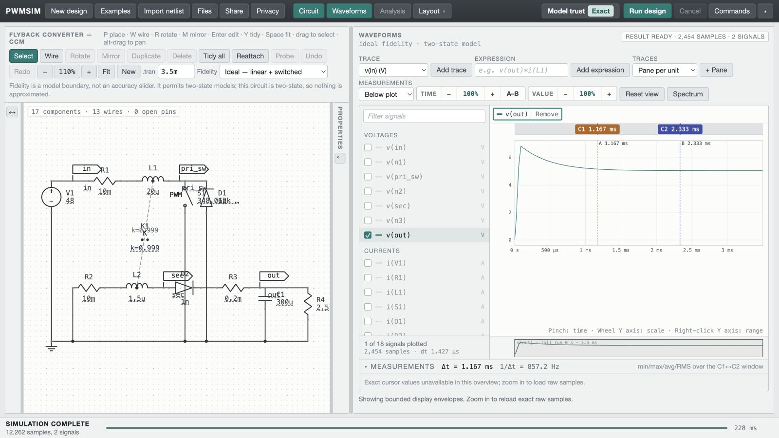 Flyback converter — CCM circuit and simulated waveform in PWMSim