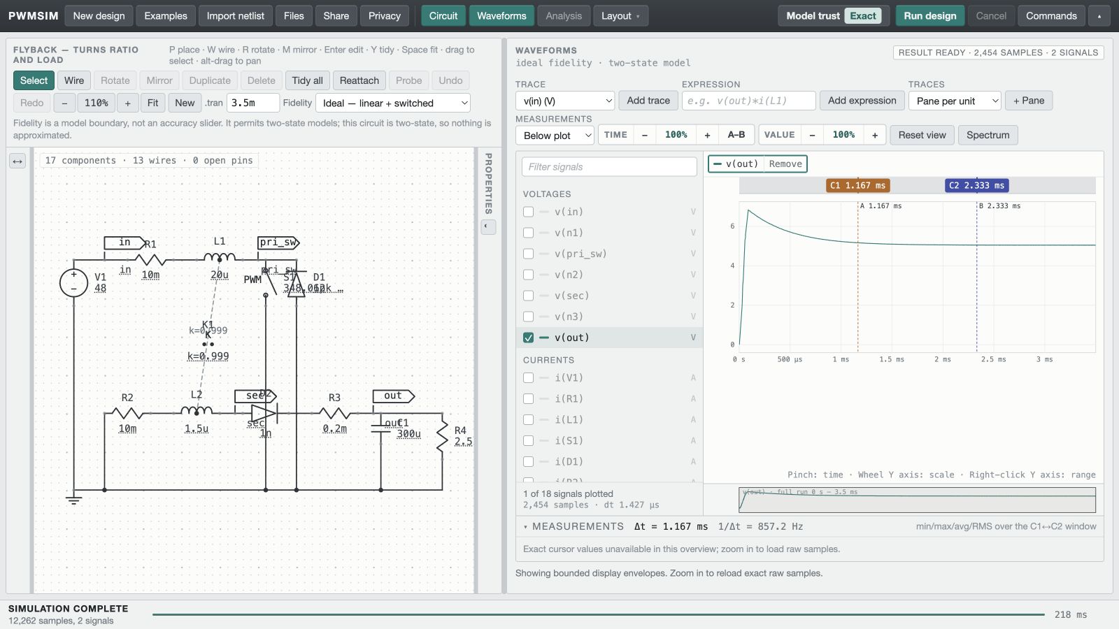 Flyback — turns ratio and load circuit and simulated waveform in PWMSim