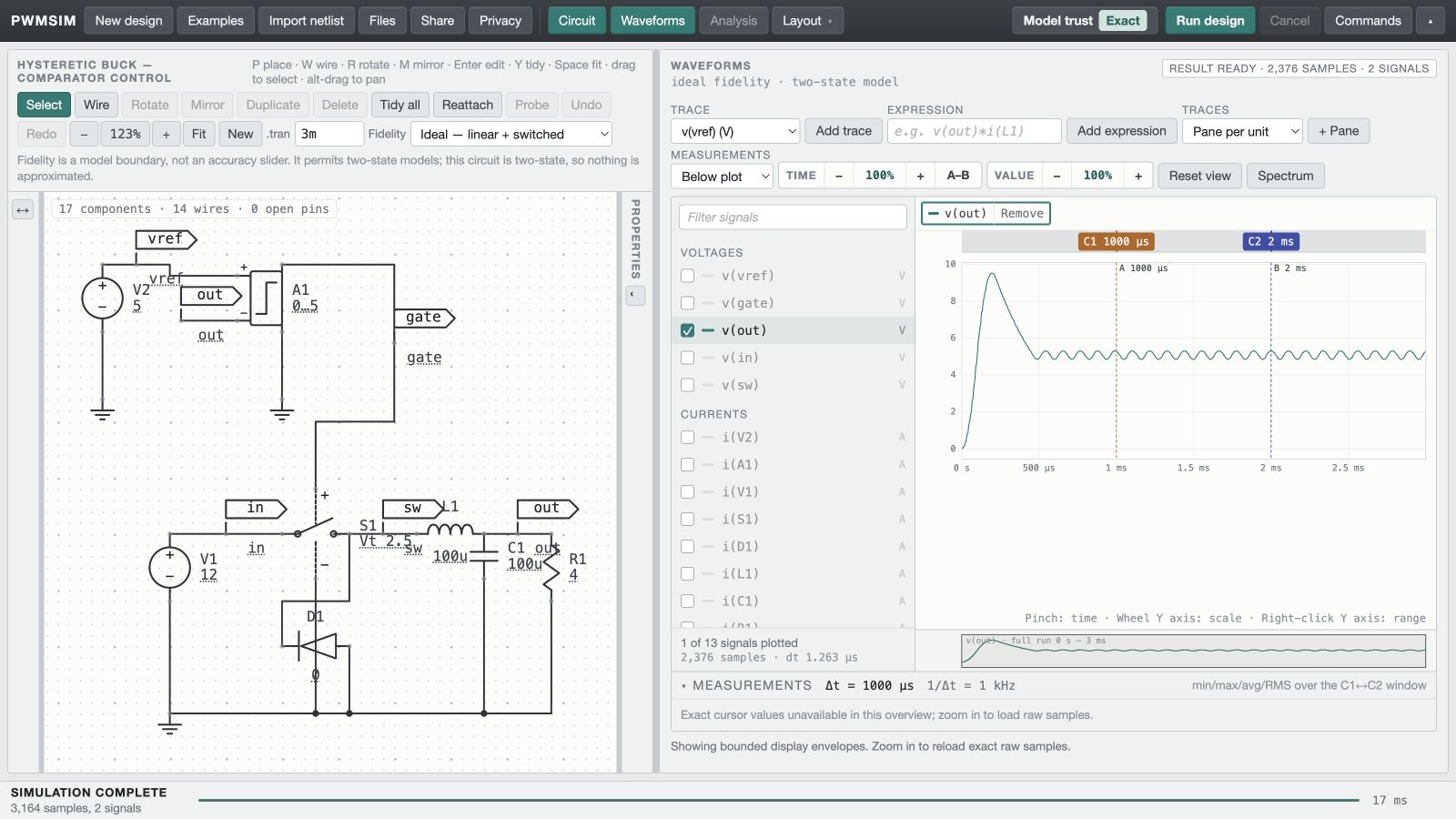 Hysteretic buck circuit and simulated waveform in PWMSim