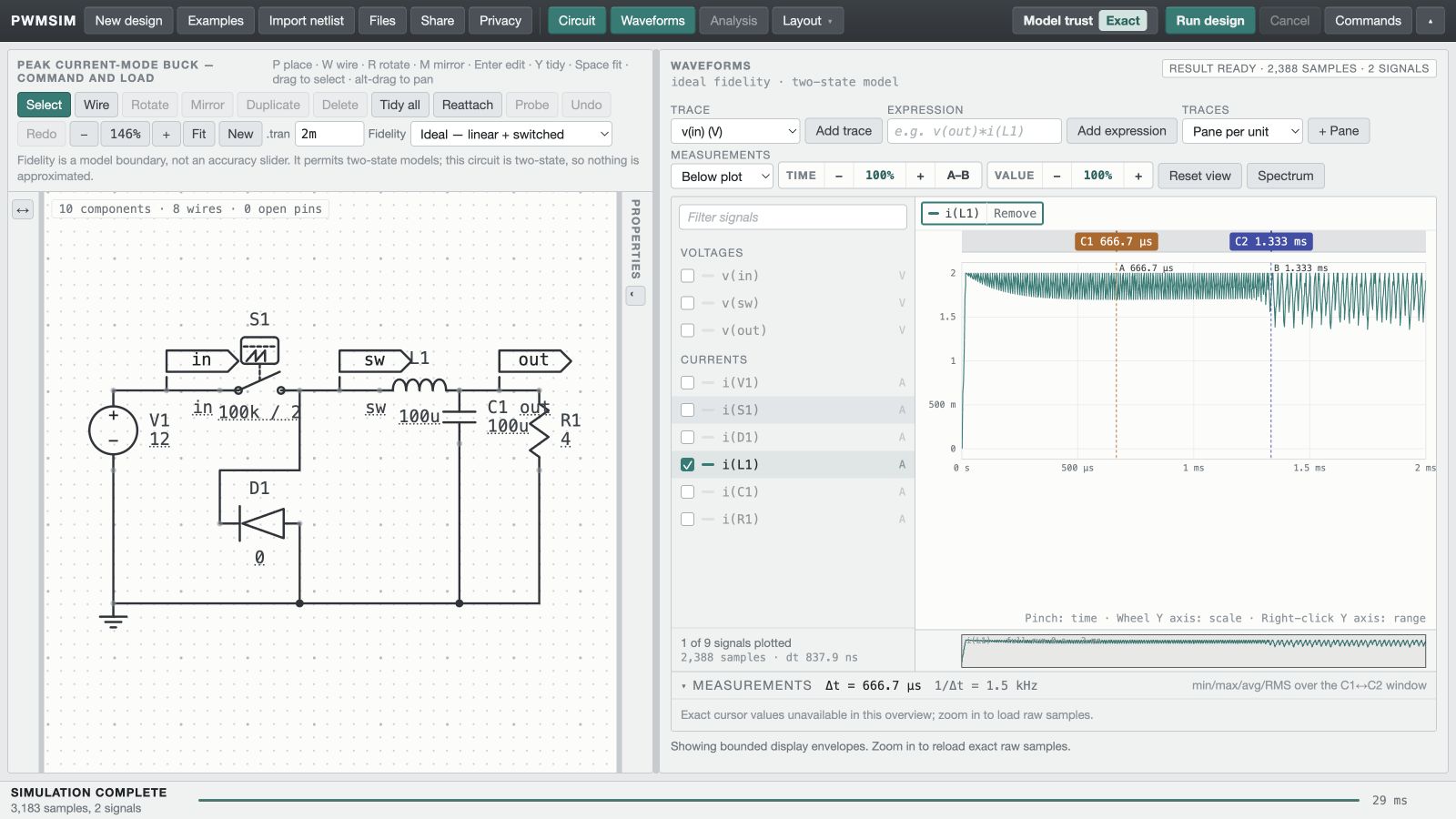 Peak current-mode buck — command and load circuit and simulated waveform in PWMSim