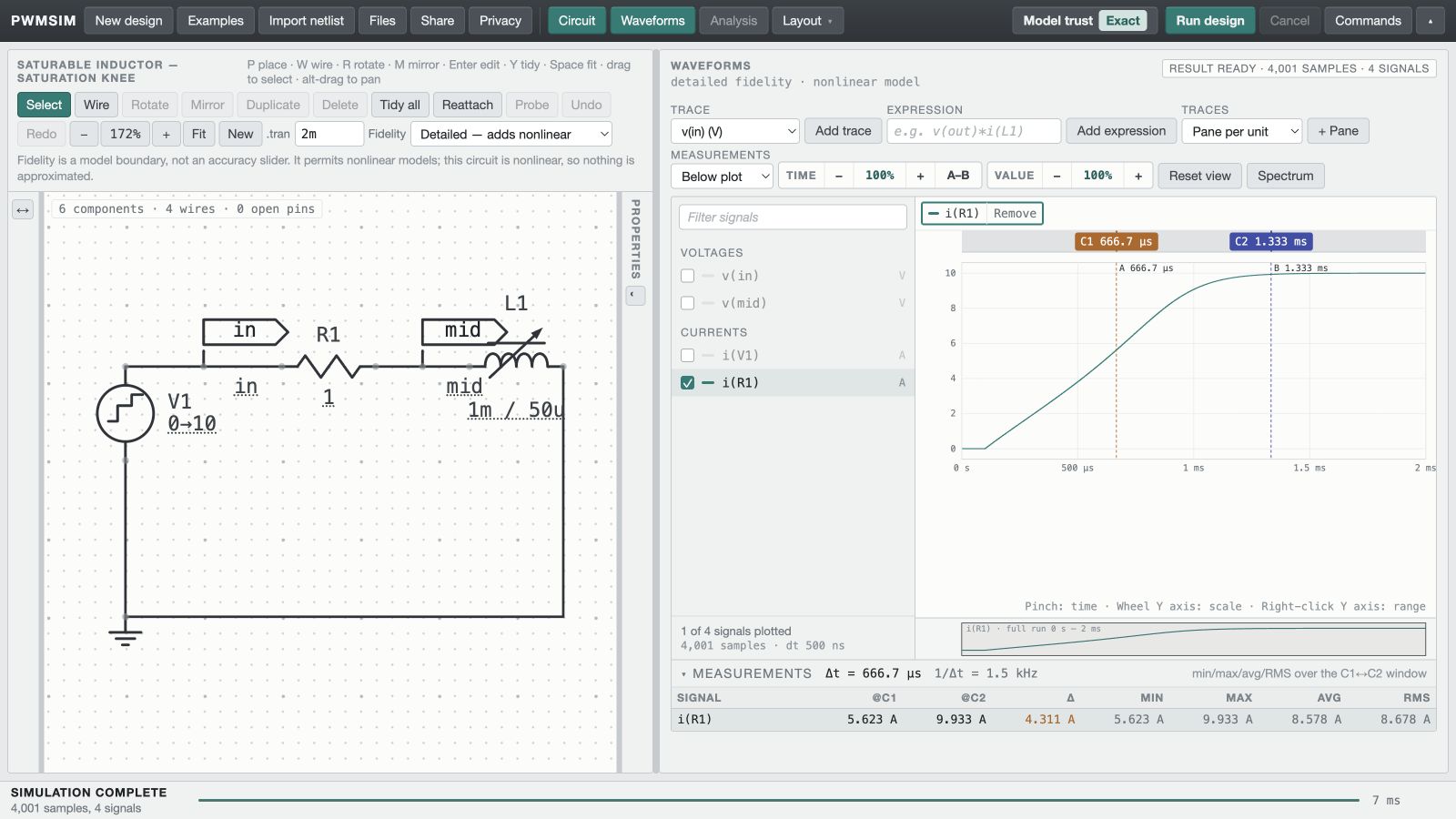 Saturable inductor knee circuit and simulated waveform in PWMSim