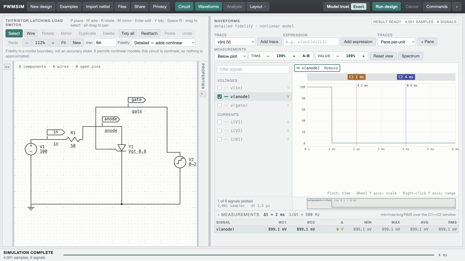 Thyristor latching load switch circuit and simulated waveform in PWMSim